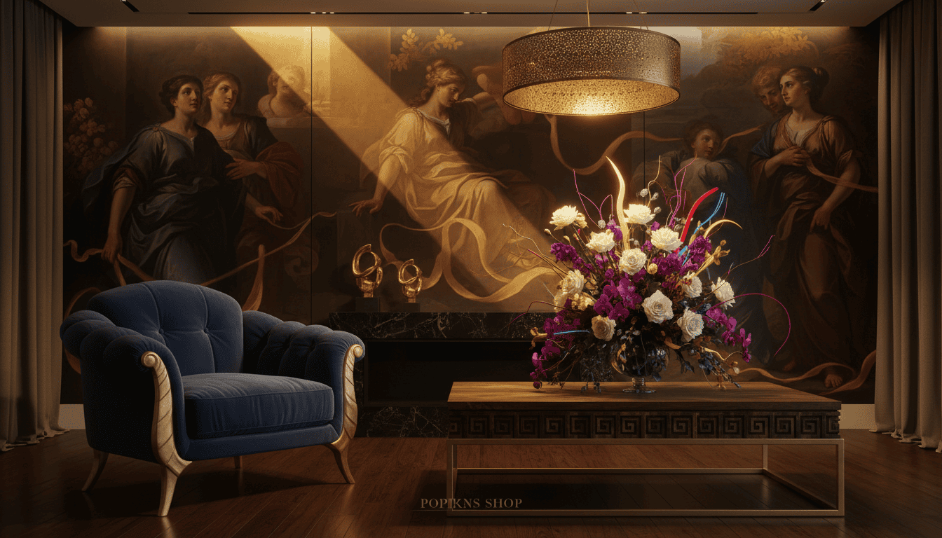 A breathtaking modern baroque art piece showcased in a contemporary interior setting. In the foreground, an opulent, intricately designed armchair made of deep velvet with gold accents. The middle ground features an ornate coffee table with exquisite craftsmanship and a vibrant floral arrangement, symbolizing a blend of classic and modern elements. The background reveals a grand mural reminiscent of neo-Caravaggism, with dramatic lighting that casts soft shadows, evoking an intimate and moody atmosphere. Warm, golden lighting illuminates the scene, creating a luxurious ambiance. Utilize a wide-angle lens to capture the depth of the room and highlight the harmony between the lavish furnishings and artistic décor. Poppins Shop. A breathtaking modern baroque art piece showcased in a contemporary interior setting. In the foreground, an opulent, intricately designed armchair made of deep velvet with gold accents. The middle ground features an ornate coffee table with exquisite craftsmanship and a vibrant floral arrangement, symbolizing a blend of classic and modern elements. The background reveals a grand mural reminiscent of neo-Caravaggism, with dramatic lighting that casts soft shadows, evoking an intimate and moody atmosphere. Warm, golden lighting illuminates the scene, creating a luxurious ambiance. Utilize a wide-angle lens to capture the depth of the room and highlight the harmony between the lavish furnishings and artistic décor. Poppins Shop.