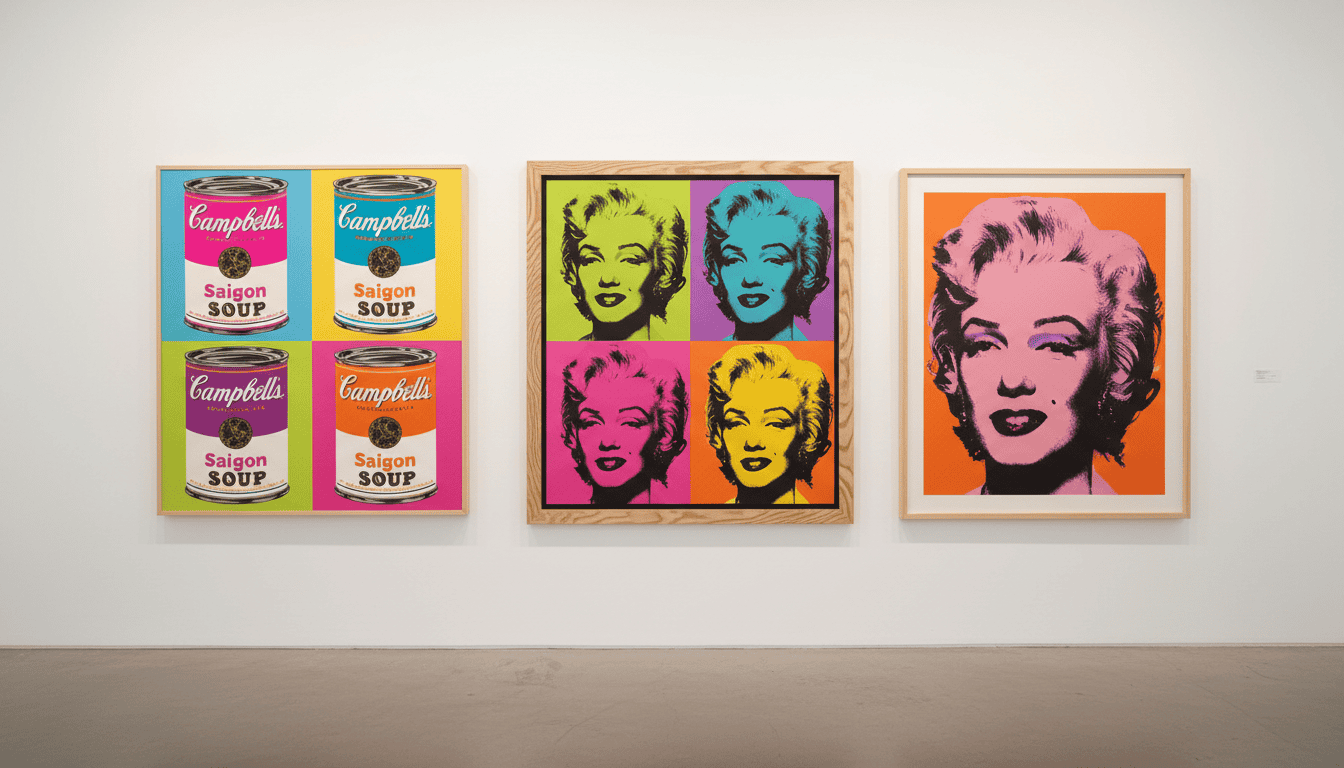 A close-up view of Andy Warhol-inspired cotton canvas prints displayed elegantly on a white gallery wall. The foreground features vibrant, high-quality prints showcasing Warhol's iconic colors and bold designs, with a focus on Campbell's Soup cans and Marilyn Monroe portraits. In the middle, an artisanal wooden frame is partially visible, highlighting bespoke craftsmanship. The background includes soft, diffused lighting to create a warm, inviting atmosphere, reminiscent of an art gallery setting. The scene exudes a sense of archival foundation and authenticity, emphasizing the high-quality nature of the prints. A subtle reflection catches the light from the gallery floor, enhancing the visual appeal. No text or logos are present, keeping the focus on the art itself. This artwork is from Poppins Shop. A close-up view of Andy Warhol-inspired cotton canvas prints displayed elegantly on a white gallery wall. The foreground features vibrant, high-quality prints showcasing Warhol's iconic colors and bold designs, with a focus on Campbell's Soup cans and Marilyn Monroe portraits. In the middle, an artisanal wooden frame is partially visible, highlighting bespoke craftsmanship. The background includes soft, diffused lighting to create a warm, inviting atmosphere, reminiscent of an art gallery setting. The scene exudes a sense of archival foundation and authenticity, emphasizing the high-quality nature of the prints. A subtle reflection catches the light from the gallery floor, enhancing the visual appeal. No text or logos are present, keeping the focus on the art itself. This artwork is from Poppins Shop.