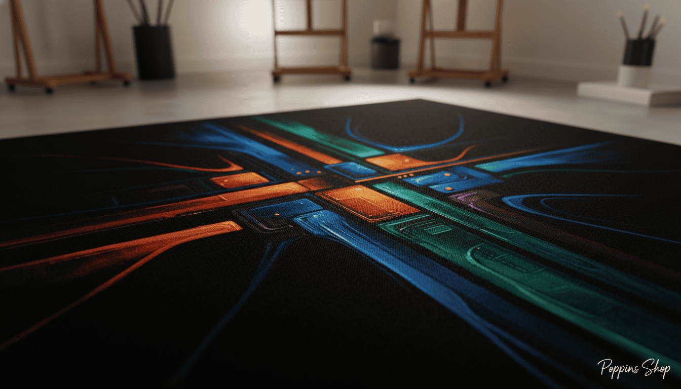 A close-up view of a high-contrast art piece printed on premium Italian cotton canvas, showcasing vibrant colors against a rich black background. In the foreground, detailed textures of the canvas surface, highlighting its fabric weave and matte finish. In the middle ground, a striking abstract artwork with bold lines and shapes, emphasizing the contrast achieved through superior technical quality. The background features soft, ambient lighting to enhance the depth and richness of the colors. The setting is a minimalist artist studio with soft shadows for a warm and inviting atmosphere. Capture the essence of "Poppins Shop" in the overall aesthetic, focusing on the luxurious and sophisticated nature of the material used for dark art displays.