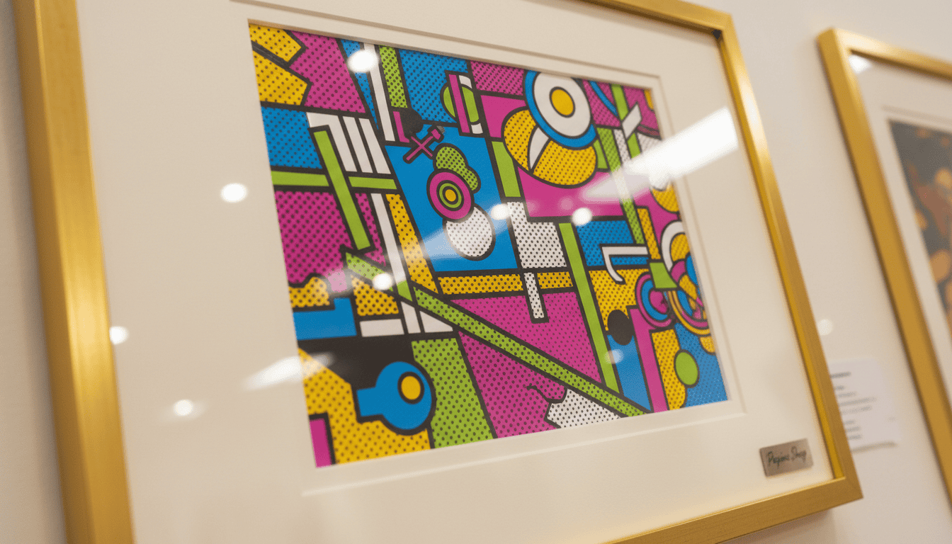 A close-up view of a vibrant pop art print displayed within a sleek, glazed frame, emphasizing archival protection. The foreground features the colorful pop art print, showcasing bold patterns and vivid colors, evoking a sense of playfulness and creativity. The middle section includes the glossy gold or silver glazed frame, reflecting natural light, enhancing the visual appeal and clarity of the artwork. In the background, softly blurred elements of an art gallery exhibit, adorned with professional lighting that highlights the frame, create a cultured atmosphere. This image is captured from a slight angle, using a macro lens to emphasize detail and texture. The overall mood is sophisticated yet lively, perfect for showcasing high-quality archival art by "Poppins Shop". No text or watermarks.