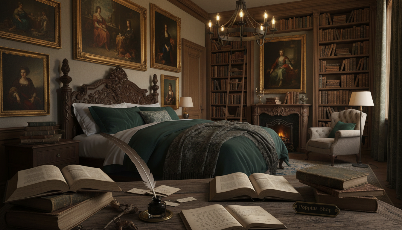 A cozy bedroom interior inspired by dark academia, featuring an ornate wooden headboard with plush, deep-toned bedding. Foreground includes a vintage writing desk with scattered antique books and a glass of dark ink, alongside a classic quill pen. The middle shows elegantly framed classical art pieces with rich, moody palettes hanging on the walls, illuminated by warm, ambient lighting from an ornate chandelier. In the background, tall bookshelves filled with leather-bound volumes create an inviting, intellectual atmosphere. The overall lighting is soft and dim, casting gentle shadows that enhance the room's mystique. The scene embodies a sophisticated, introspective vibe perfect for a space of transformation. Poppins Shop.