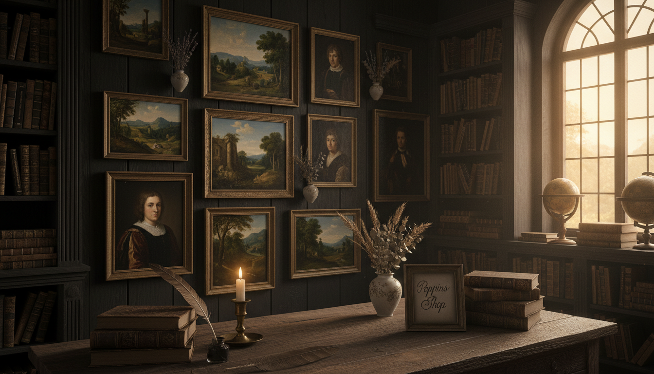A cozy dark academia study wall featuring an artful display of classical realism paintings, showcasing rich, oil-painted landscapes and ornate portraits. In the foreground, a rustic wooden desk cluttered with leather-bound books, antique quills, and a warm candle flickering softly. The middle ground includes the wall, adorned with an array of vintage frames housing exquisite art, interspersed with dried flowers in simple vases. The background reveals dark wood shelves brimming with more books, while a large, arched window casts soft, golden light into the room, enhancing the scholarly atmosphere. The overall mood is reflective and inviting, perfect for contemplation and study. Capture this serene setting with a slightly elevated angle to highlight the details. Add a touch of elegance with the name "Poppins Shop" subtly included in the decor.