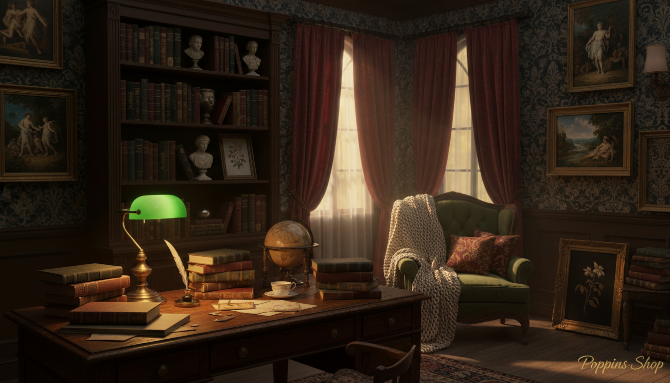 A cozy, dimly lit study room that embodies the dark academia aesthetic. In the foreground, a wooden desk cluttered with classic literature and antique decor items, featuring a quill and inkpot. The middle ground reveals a vintage armchair draped with a soft, muted wool blanket, and an ornate bookshelf filled with leather-bound books. The background features dark, rich wallpaper adorned with classical artwork and an arched window allowing soft, warm light to spill in, casting gentle shadows. The color palette is composed of muted earth tones&mdash;deep greens, browns, and hints of burgundy. The atmosphere feels intellectual and contemplative, encouraging creativity and introspection. This scene is perfect for showcasing wall art inspired by classical realism in contemporary spaces. Include a subtle branding element for "Poppins Shop".