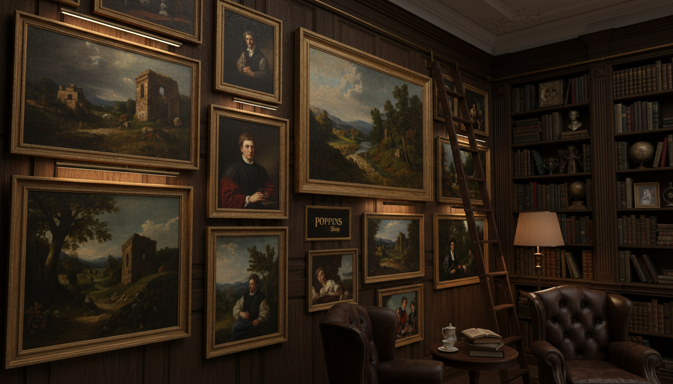 A dark academia wall art collection featuring classical realism paintings, elegantly arranged on an antique wood-paneled wall. In the foreground, a series of framed artworks, including landscapes and portraits, showcase rich colors and intricate details, illuminated by soft, warm lighting that casts gentle shadows. The middle layer includes a vintage ladder and a cozy reading nook with plush armchairs, complementing the art. In the background, bookshelves filled with vintage tomes and classic literature set a scholarly atmosphere. The overall mood is one of intellectual sophistication and artistic mastery, reflecting the "Poppins Shop" difference. The perspective is slightly low, capturing the height of the wall and the depth of the room, evoking a sense of warmth and nostalgia.