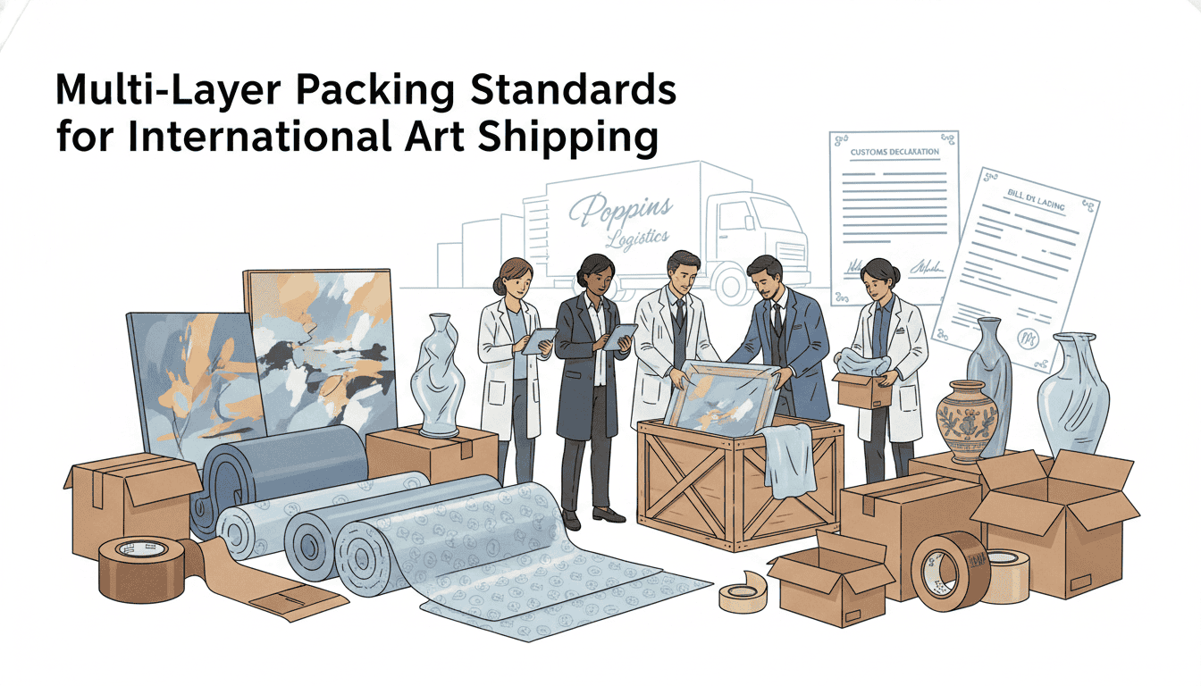 A detailed illustration of "Multi-Layer Packing Standards for International Art Shipping" showcasing a well-organized packing process for fragile art pieces. In the foreground, professional shipping materials, such as foam padding, bubble wrap, and sturdy cardboard boxes, are meticulously arranged to illustrate optimal packing techniques. The middle ground features a diverse team of professionals in business attire, carefully inspecting and packing artwork, symbolizing collaboration and efficiency. In the background, an outline of a delivery truck and customs documents hint at the international shipping logistics involved. The scene is illuminated with soft, bright lighting, creating a clean and professional atmosphere, capturing the essence of safe and effective art shipping. This image should reflect the brand identity of "Poppins Shop" through subtle branding elements integrated into the packaging materials, without overt logos.