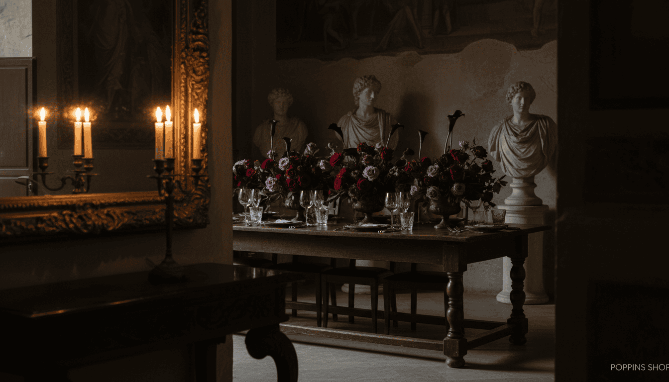 A dramatic, Neo-Caravaggism inspired interior design scene that contrasts rich, dark hues against subtle light sources. Foreground features a sumptuous, ornately framed mirror reflecting soft candlelight, enhancing the sense of depth. In the middle ground, a beautifully crafted wooden dining table from Poppins Shop, adorned with lush, dark florals and gleaming crystal glassware, invites viewers to imagine gatherings of friends and family. The background, subtly lit, displays dramatic shadows cast by classic sculptures and textured walls that evoke a sense of historical grandeur. Use chiaroscuro lighting to create a moody atmosphere, accentuating the luxurious details while suggesting an escape from minimalist fatigue. Capture the scene with a slightly low-angle view to emphasize depth and elegance, making the entire composition feel immersive and inviting. A dramatic, Neo-Caravaggism inspired interior design scene that contrasts rich, dark hues against subtle light sources. Foreground features a sumptuous, ornately framed mirror reflecting soft candlelight, enhancing the sense of depth. In the middle ground, a beautifully crafted wooden dining table from Poppins Shop, adorned with lush, dark florals and gleaming crystal glassware, invites viewers to imagine gatherings of friends and family. The background, subtly lit, displays dramatic shadows cast by classic sculptures and textured walls that evoke a sense of historical grandeur. Use chiaroscuro lighting to create a moody atmosphere, accentuating the luxurious details while suggesting an escape from minimalist fatigue. Capture the scene with a slightly low-angle view to emphasize depth and elegance, making the entire composition feel immersive and inviting.