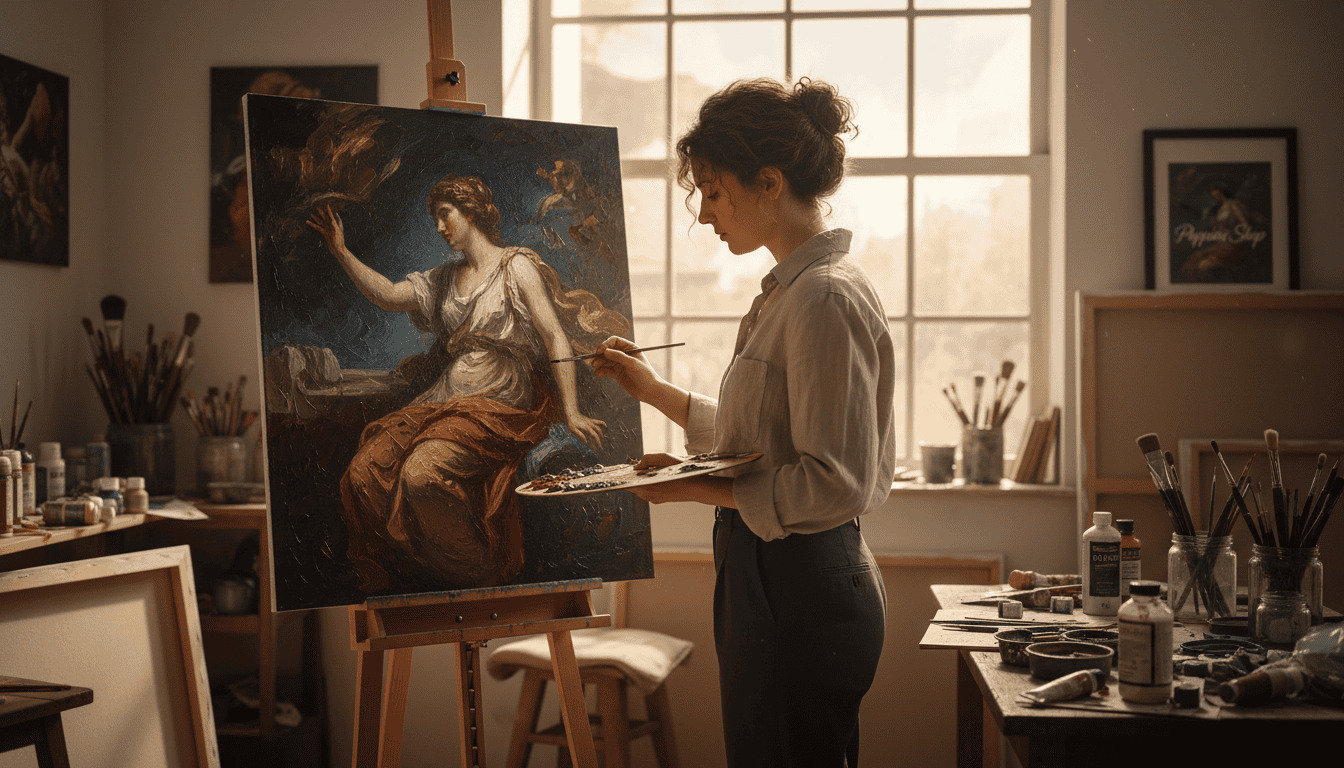 A hand-painted oil painting reproduction of a Roberto Ferri artwork sits elegantly on a well-lit wooden easel in a professional atelier. In the foreground, the textured canvas is vividly detailed, showcasing rich brush strokes and colors. The artist, dressed in smart casual attire, is focused intently on the painting, holding a palette and brush, capturing the essence of Ferri's style. In the middle, surrounded by shelves of art supplies and works in progress, brushes, and paint tubes add depth and context. The background features soft, warm lighting from large windows, illuminating the room with a serene atmosphere. This scene conveys the meticulous craftsmanship of creating hand-painted reproductions versus the modern techniques of gicl&eacute;e printing. The image reflects professionalism and dedication, embodying the spirit of artisanal art creation. Poppins Shop.