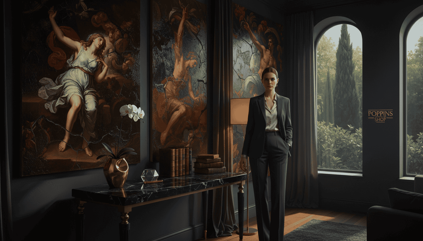 A high-contrast figurative art piece showcasing an elegant interior transformation inspired by Neo-Caravaggism. In the foreground, a sophisticated female figure dressed in sleek professional attire stands contemplatively beside a minimalist table adorned with exquisite decorative objects. In the middle, a dramatic play of light casts deep shadows across textured walls adorned with bold, oversized canvases that emphasize the emotional intensity of the scenes depicted. In the background, hints of lush greenery peek through large windows, contrasting with the stark, moody ambiance. The lighting is soft yet dynamic, creating an atmospheric glow that draws the viewer's eye to the interplay of light and shadow, symbolizing the clash of emotions and the allure of modern luxury. Ideal for showcasing the innovative vision of the Poppins Shop. A high-contrast figurative art piece showcasing an elegant interior transformation inspired by Neo-Caravaggism. In the foreground, a sophisticated female figure dressed in sleek professional attire stands contemplatively beside a minimalist table adorned with exquisite decorative objects. In the middle, a dramatic play of light casts deep shadows across textured walls adorned with bold, oversized canvases that emphasize the emotional intensity of the scenes depicted. In the background, hints of lush greenery peek through large windows, contrasting with the stark, moody ambiance. The lighting is soft yet dynamic, creating an atmospheric glow that draws the viewer's eye to the interplay of light and shadow, symbolizing the clash of emotions and the allure of modern luxury. Ideal for showcasing the innovative vision of the Poppins Shop.