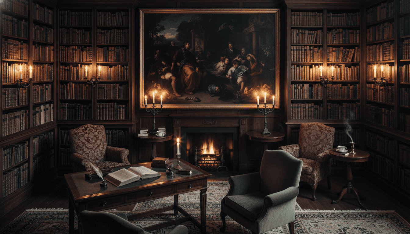 A high-contrast, moody interior of a private library with mahogany shelves, antique leather books, and a large, dramatic Neo-Caravaggist oil painting on the central wall, soft candlelight, museum-quality texture. A high-contrast, moody interior of a private library with mahogany shelves, antique leather books, and a large, dramatic Neo-Caravaggist oil painting on the central wall, soft candlelight, museum-quality texture.