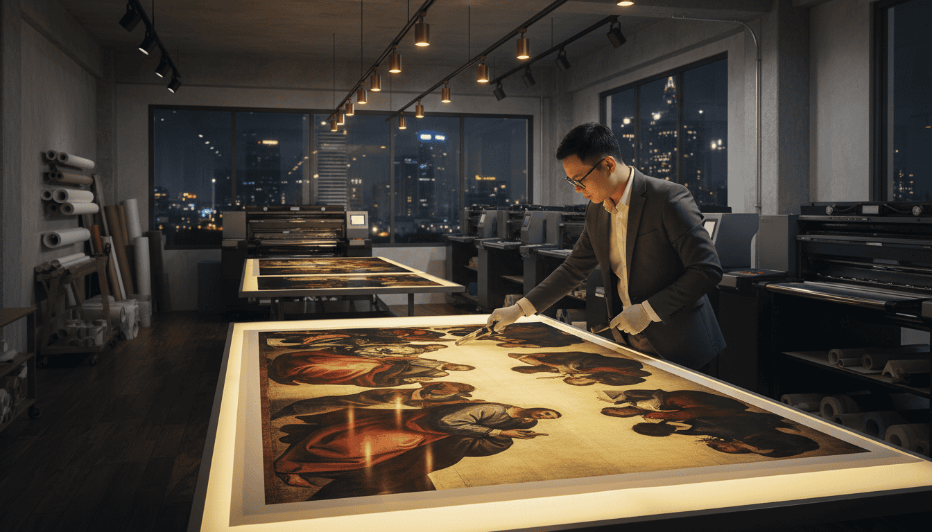 A high-end art printing studio in Saigon, featuring a professional technician inspecting a large format print of a Caravaggio masterpiece, warm indoor lighting, focused on the deep black levels and textures of the canvas.