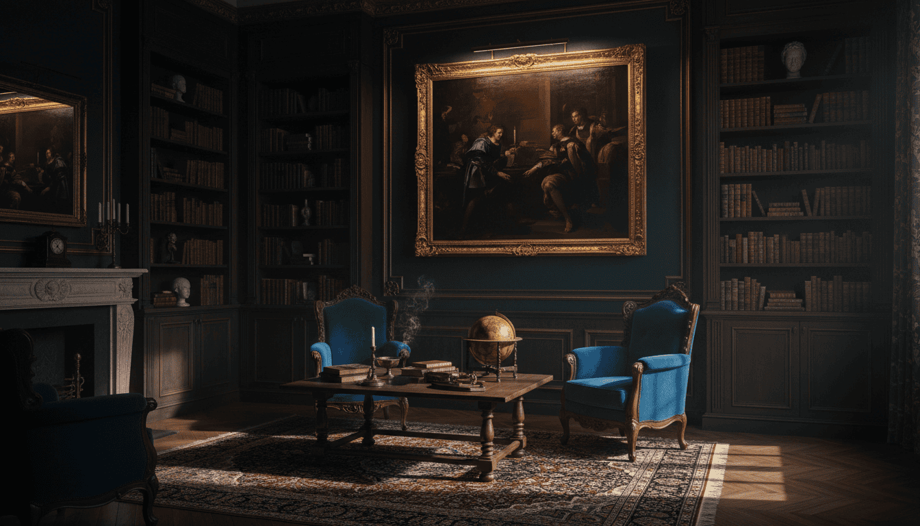 A high-end, moody living room interior featuring a large Neo-Caravaggist oil painting on the wall, dramatic chiaroscuro lighting casting deep shadows, velvet armchairs, and a dark academia aesthetic, professional interior photography. A high-end, moody living room interior featuring a large Neo-Caravaggist oil painting on the wall, dramatic chiaroscuro lighting casting deep shadows, velvet armchairs, and a dark academia aesthetic, professional interior photography.