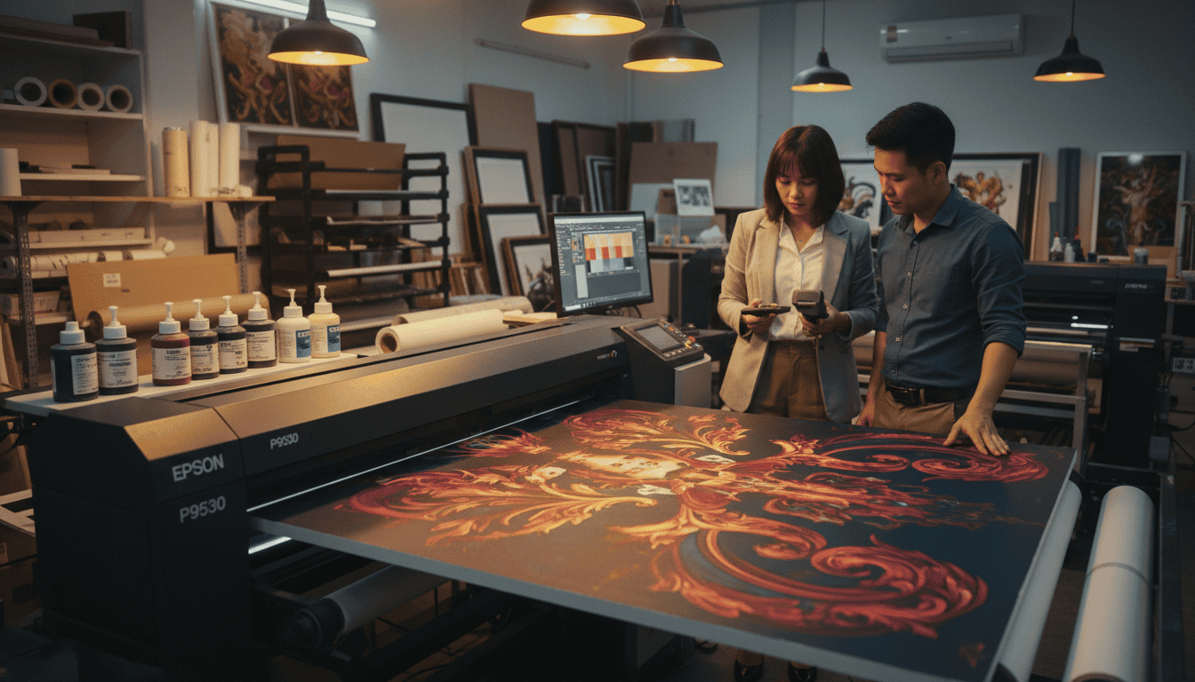 A high-quality close-up photograph of a professional art reproduction studio in Saigon, featuring an Epson P9530 printer producing a vivid contemporary baroque canvas with deep chiaroscuro, archival materials visible, warm workshop lighting, 8k resolution.
