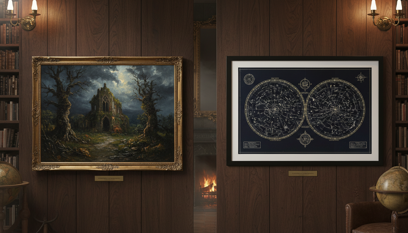 A high-quality comparison shot of a textured oil painting next to a crisp archival print on a dark wood wall, moody lighting, dark academia library setting.