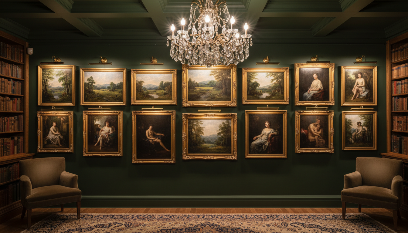 A high-quality gallery wall in a dimly lit library featuring various classical realism wall art prints, including landscapes and figure studies, in ornate gold frames on dark green walls.