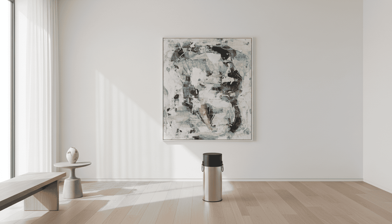 A high-quality interior shot of a minimalist home gallery showing both a rolled art tube and a beautifully mounted canvas on the wall, soft natural lighting, photorealistic style.