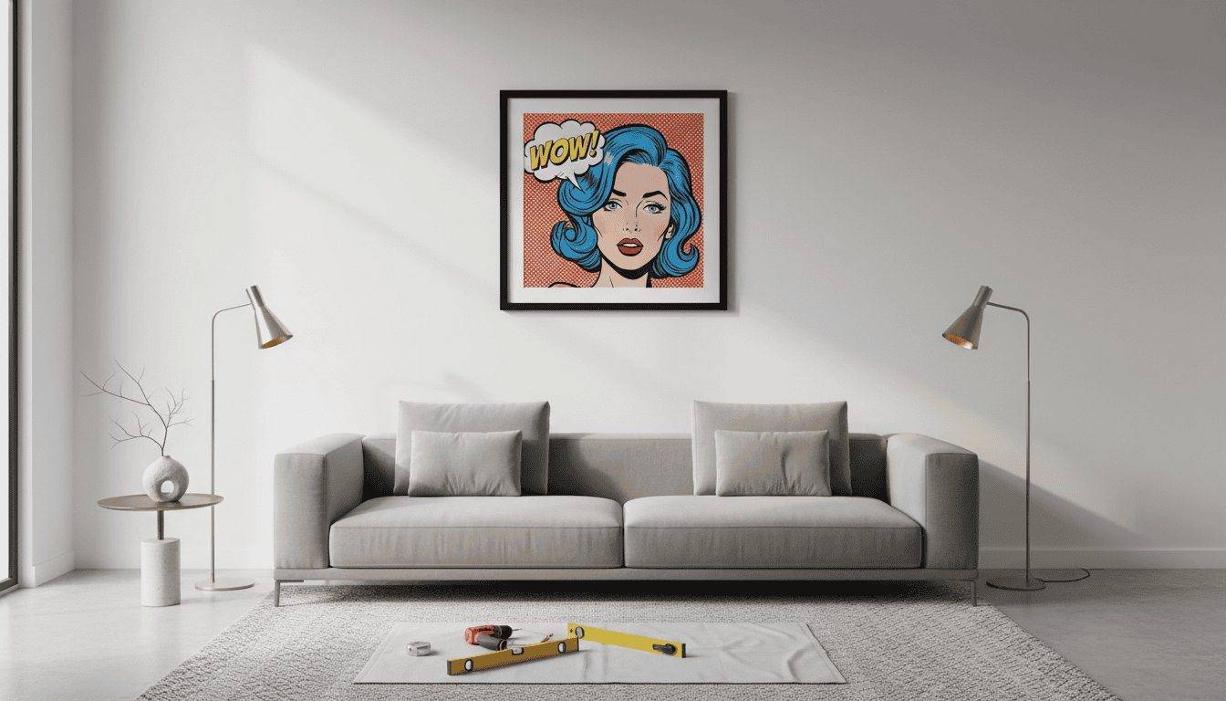 A high-quality interior shot of a modern living room featuring a ready to hang pop art print in a black wooden floating frame mounted on a clean white wall, cinematic lighting, professional installation, 8k.