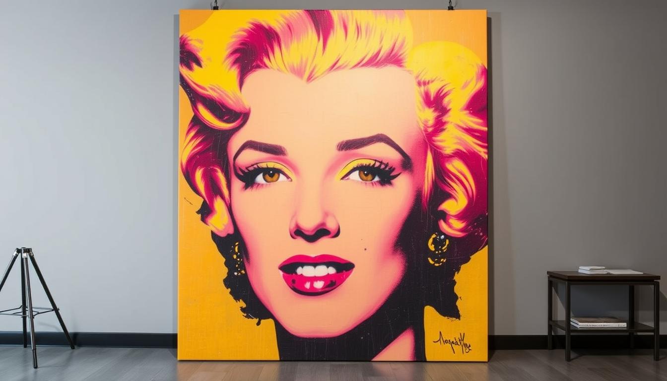 A high-quality oil painting reproduction of a classic Andy Warhol pop art style Marilyn Monroe portrait, vibrant pink and yellow colors, heavy texture on a large canvas, gallery setting.