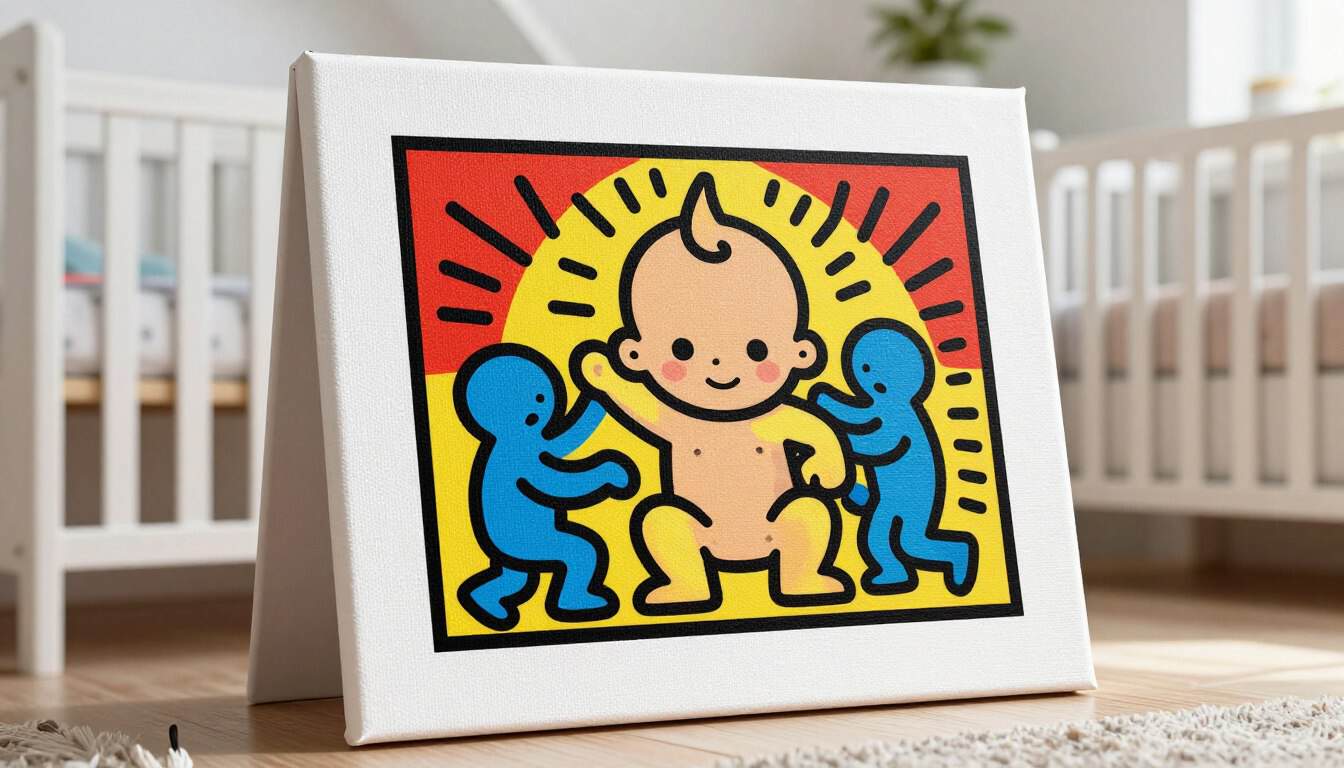 A high-resolution close-up of a Keith Haring "Radiant Baby" art print on textured canvas, showing vibrant primary colors and professional finish in a sunny modern nursery.