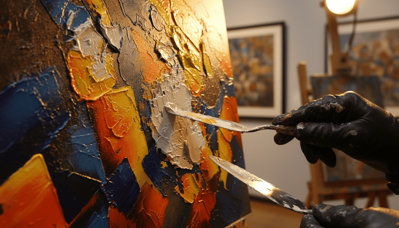 A high-resolution macro photograph of a professional artist hand-applying thick oil painting texture and impasto mediums onto a high-contrast canvas print, capturing the relief of the brushstrokes under warm gallery lighting, museum quality, 8k.