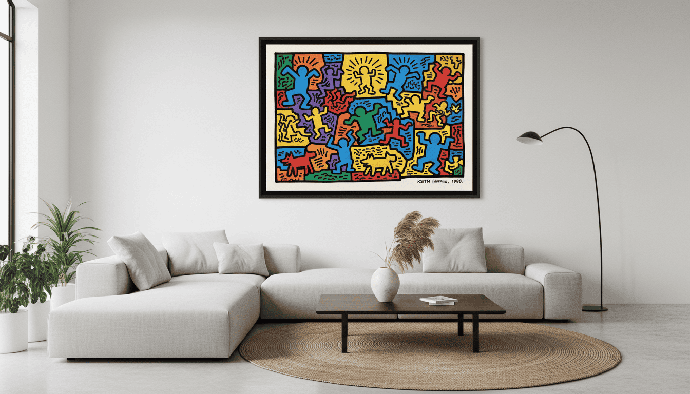 A high-resolution, museum-quality Keith Haring print featuring bold black lines and vibrant colors, displayed in a modern minimalist living room, showcasing thick outlines and professional framing.