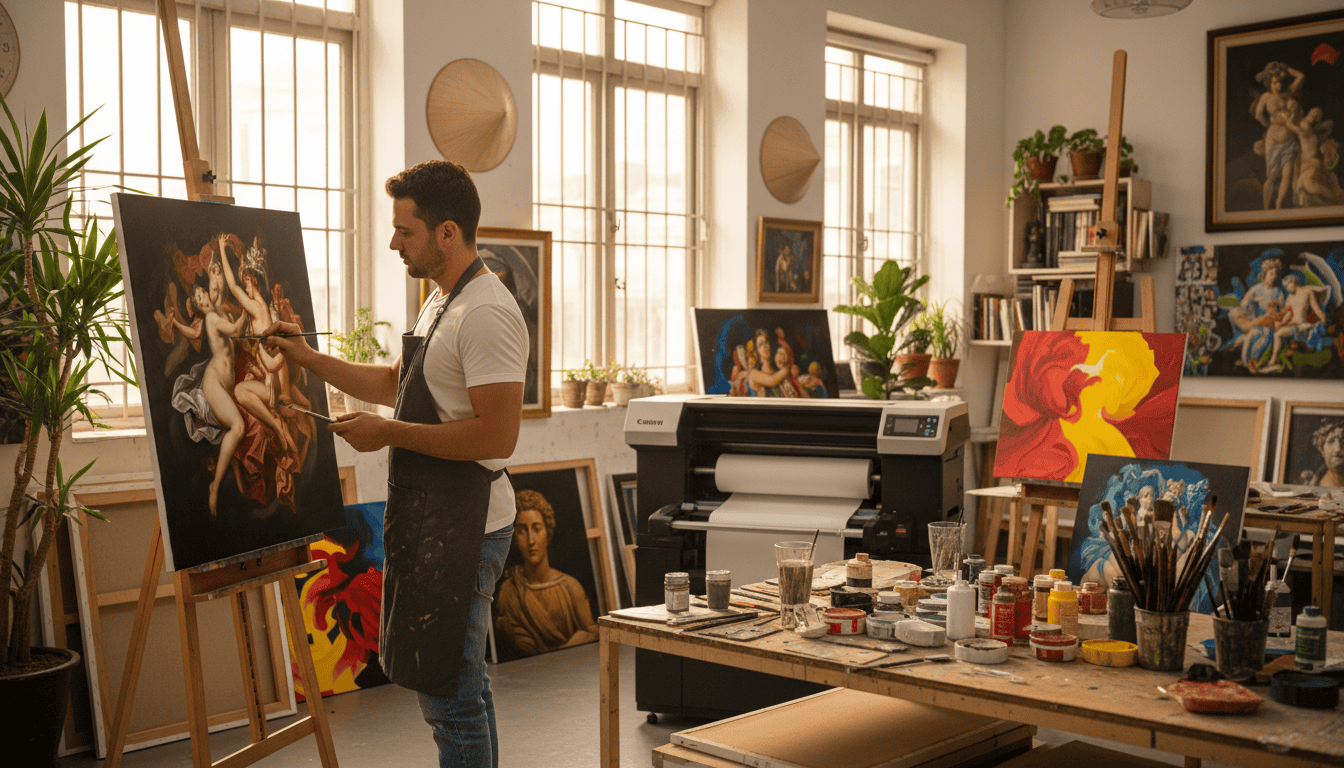 A high-resolution photo of a professional art studio in Saigon, showing a skilled artist hand-painting a Roberto Ferri reproduction next to a large format gicl&eacute;e printer with vibrant canvases drying nearby.