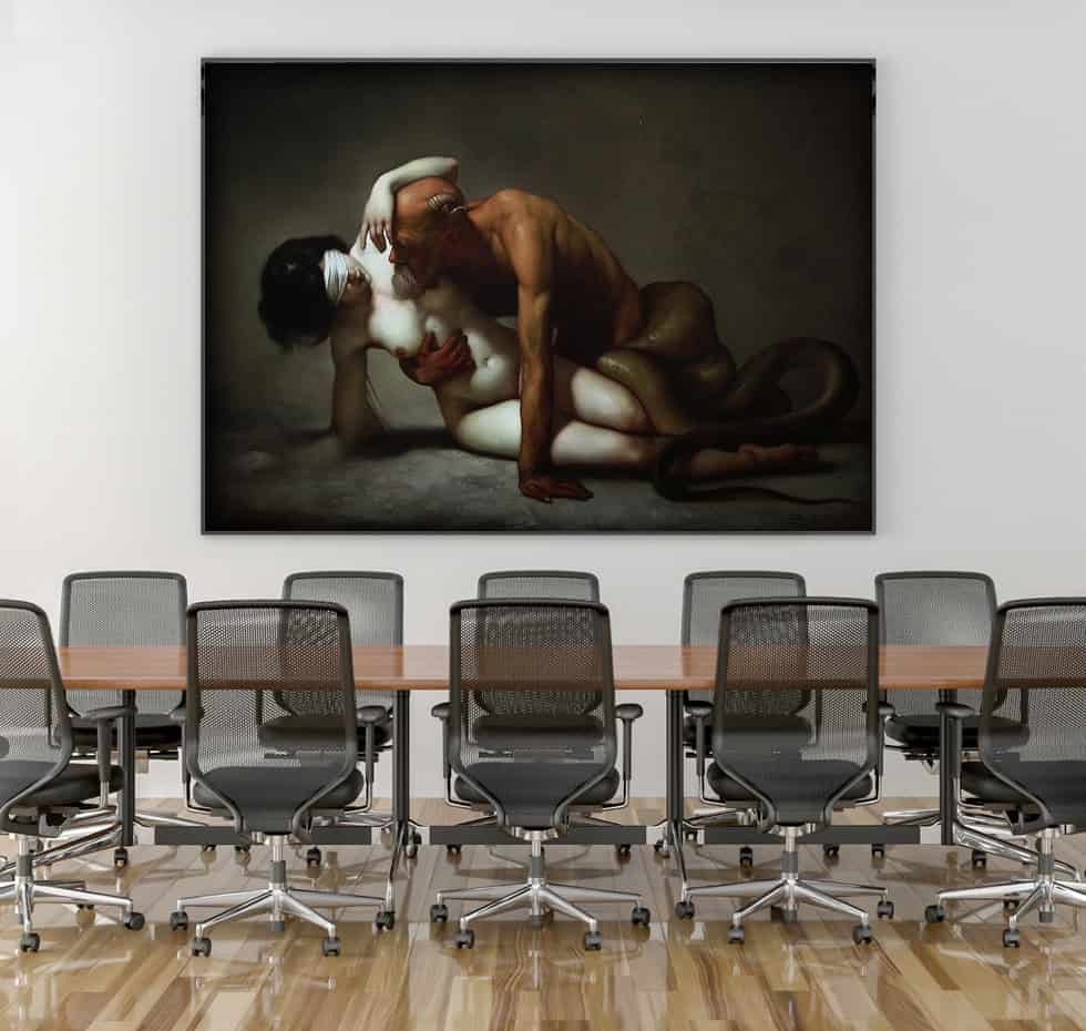 A large Roberto Ferri print, showcasing dramatic chiaroscuro and rich, vibrant colors, dominates a modern gallery wall A large Roberto Ferri print, showcasing dramatic chiaroscuro and rich, vibrant colors, dominates a modern gallery wall