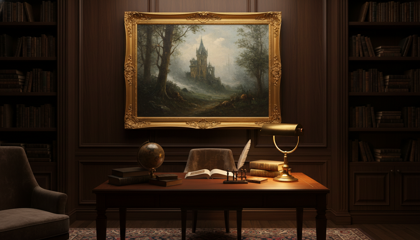A luxurious dark academia study featuring a wall art piece in a heavy, ornate gold frame, placed above a mahogany desk with vintage books and a brass lamp, soft moody lighting, realistic oil painting texture.