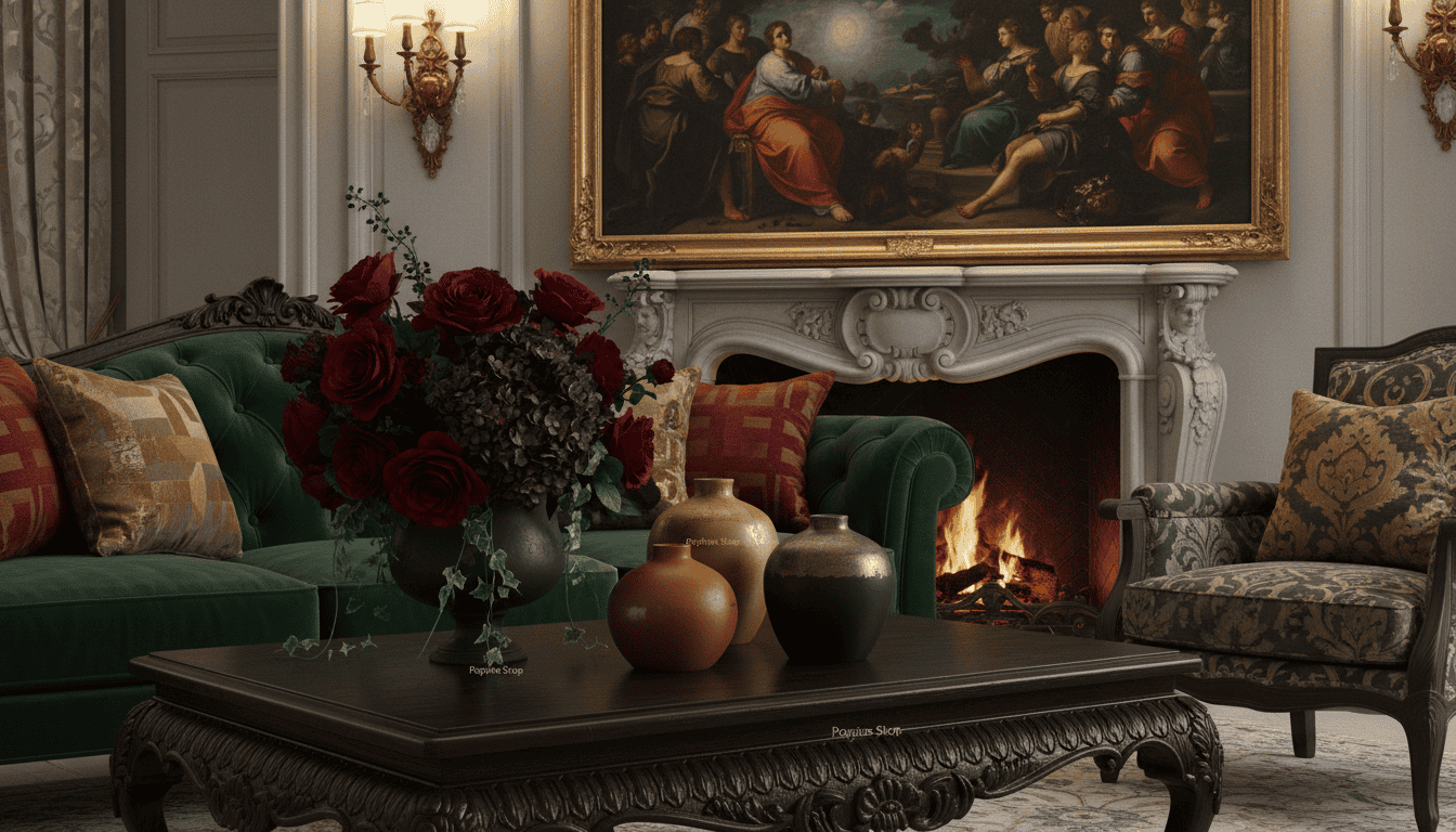 A luxurious interior showcasing contemporary home decor trends inspired by Neo-Caravaggism. Foreground: an ornate, dark wood coffee table adorned with a bold floral centerpiece and artisanal ceramic vases from Poppins Shop. Middle: a plush velvet sofa in deep emerald green, accented with gold and bronze throw pillows, paired with an elegant armchair. Background: a grandiose art piece depicting dramatic light and shadow, echoing Caravaggio’s style, hanging above an opulent fireplace. Soft, warm lighting emanates from stylish wall sconces, creating a cozy atmosphere. The scene captures a harmonious blend of modern elegance and classical art influence, emphasizing the dramatic flair that defines luxury home decor in 2026. The perspective is slightly angled to enhance depth, focusing on texture and richness. A luxurious interior showcasing contemporary home decor trends inspired by Neo-Caravaggism. Foreground: an ornate, dark wood coffee table adorned with a bold floral centerpiece and artisanal ceramic vases from Poppins Shop. Middle: a plush velvet sofa in deep emerald green, accented with gold and bronze throw pillows, paired with an elegant armchair. Background: a grandiose art piece depicting dramatic light and shadow, echoing Caravaggio’s style, hanging above an opulent fireplace. Soft, warm lighting emanates from stylish wall sconces, creating a cozy atmosphere. The scene captures a harmonious blend of modern elegance and classical art influence, emphasizing the dramatic flair that defines luxury home decor in 2026. The perspective is slightly angled to enhance depth, focusing on texture and richness.