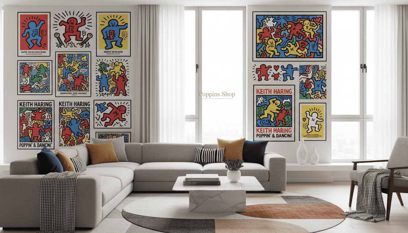 A modern living room featuring a curated collection of Keith Haring art prints prominently displayed on the walls, including iconic vibrant motifs and geometric patterns, blending seamlessly with contemporary neutral furniture. In the foreground, a sleek, light gray sofa adorned with coordinating decorative pillows, and a minimalist coffee table styled with art books and a small potted plant. The middle of the room showcases a cozy area rug that complements the colors in the prints. In the background, large windows allow natural light to flood the space, highlighting the bold artwork while maintaining a tranquil atmosphere. Decorative accessories, such as abstract sculptures and textured textiles, enhance the overall aesthetic. Use soft, diffused lighting to create a welcoming ambiance. Capture this scene with a wide-angle lens to showcase the entire room while keeping the focus on the art collection. Poppins Shop.
