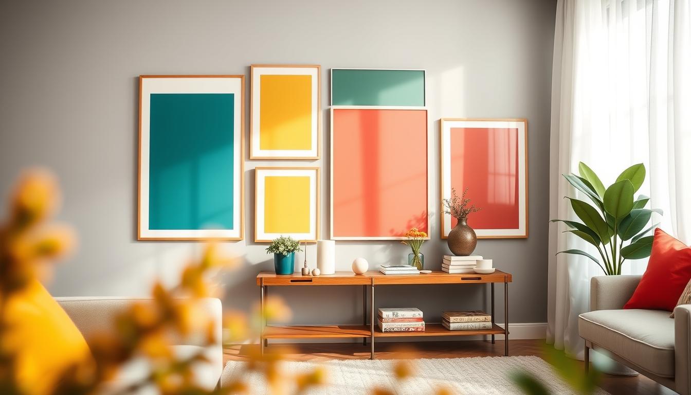 A modern living space showcasing a stylish color-blocking grid wall art arrangement inspired by Poppins Shop. In the foreground, there are elegantly designed, framed pieces of art in bold colors like teal, mustard yellow, and deep coral, creating a vibrant contrast against a soft gray wall. The middle layer features a minimalist wooden console table adorned with decorative plants and chic accessories, emphasizing a clean aesthetic. In the background, soft natural light filters through sheer white curtains, highlighting the warm ambiance of the room. The scene captures a sense of sophistication and creativity, illustrating how color blocking can transform an ordinary space into a modern haven. The composition is captured at eye level with a shallow depth of field, drawing focus to the wall art and decor elements. A modern living space showcasing a stylish color-blocking grid wall art arrangement inspired by Poppins Shop. In the foreground, there are elegantly designed, framed pieces of art in bold colors like teal, mustard yellow, and deep coral, creating a vibrant contrast against a soft gray wall. The middle layer features a minimalist wooden console table adorned with decorative plants and chic accessories, emphasizing a clean aesthetic. In the background, soft natural light filters through sheer white curtains, highlighting the warm ambiance of the room. The scene captures a sense of sophistication and creativity, illustrating how color blocking can transform an ordinary space into a modern haven. The composition is captured at eye level with a shallow depth of field, drawing focus to the wall art and decor elements.