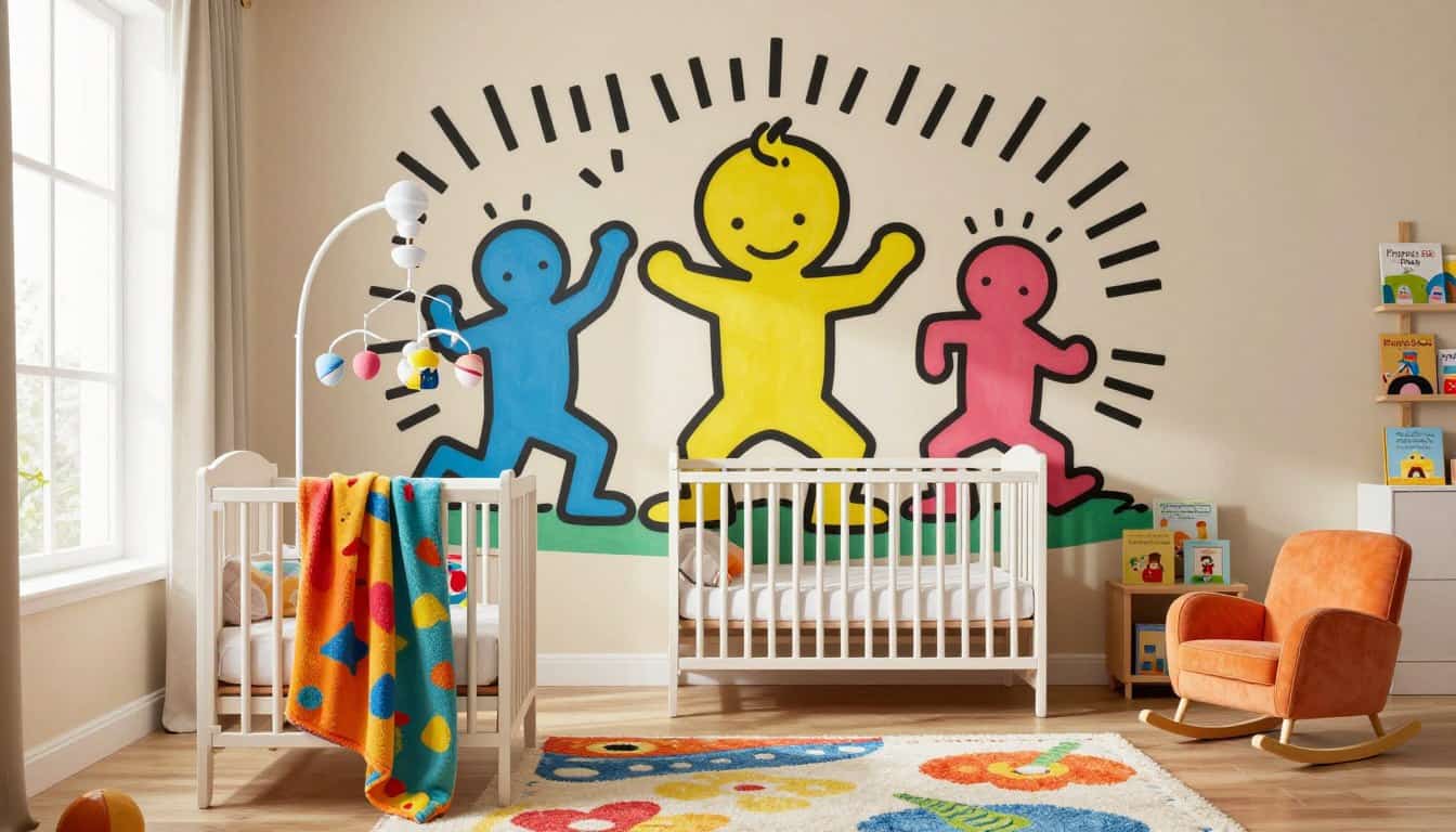 A modern nursery featuring Keith Haring's iconic radiant baby design, vividly depicted as a large, colorful mural on a soft beige wall. In the foreground, a cozy crib adorned with a bright, playful blanket complements the mural's colors. The middle of the room has a plush rug in cheerful hues and a whimsical mobile hanging above the crib, enhancing the joyful atmosphere. The background includes playful, stylized furniture, like a colorful rocking chair and a small bookshelf filled with children's books. Soft, natural light streams through a large window, creating a warm and welcoming ambiance. The scene is inviting and stimulating, ideal for fostering infant visual development. The nursery subtly features decor from "Poppins Shop," harmonizing the vibrant art with a serene environment perfect for nurturing creativity and learning.