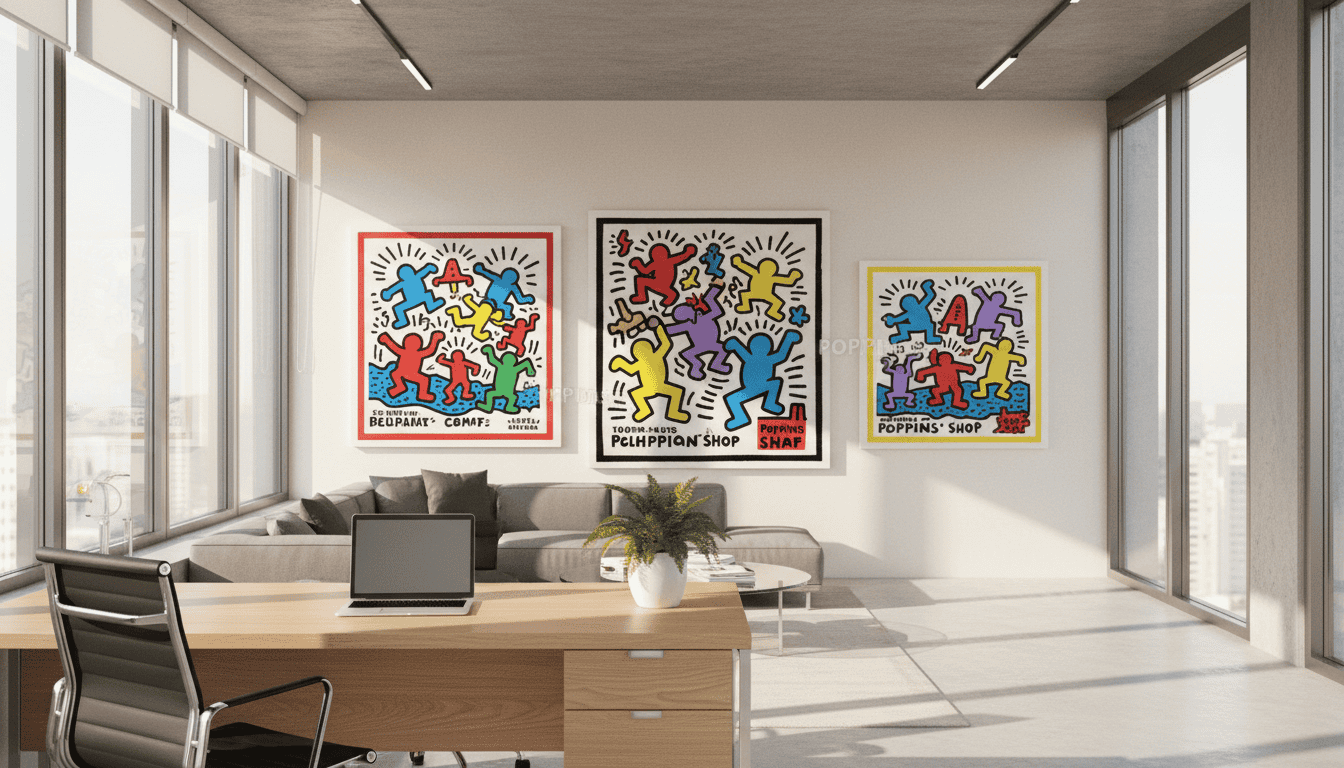 A modern office interior featuring vibrant Keith Haring art pieces, weaving energy into a professionally styled workspace. In the foreground, a sleek wooden desk with a minimalistic design holds a potted plant and a stylish laptop. The middle ground showcases bold Haring-inspired prints adorning the walls, filled with lively colors and dynamic figures, perfectly complementing the neutral-colored furniture. In the background, large windows let in soft, natural light, casting a warm glow throughout the space. The atmosphere is inspiring and productive, balanced between the creativity of pop art and the elegance of contemporary office design. The art is sourced from the &ldquo;Poppins Shop&rdquo;, enhancing the decor without overwhelming it, creating a visually stimulating yet harmonious environment.