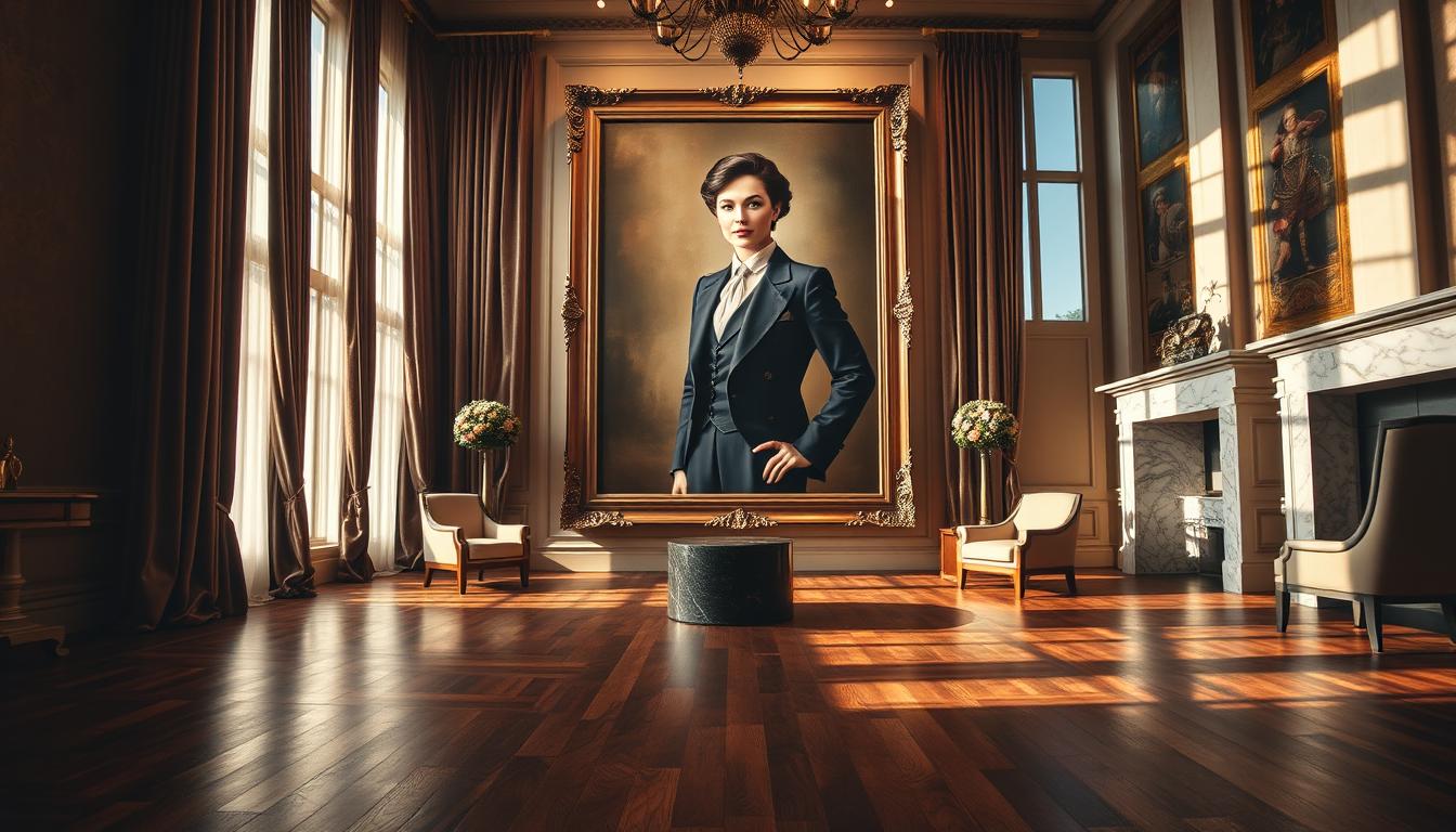 A monumental scale portrait painting dominates the luxurious interior of an opulent gallery, showcasing an elegant figure in refined business attire, embodying grace and sophistication. The foreground features rich wooden flooring accentuated by intricate patterns, leading the viewer's eye toward a large, ornate frame that houses the painting. In the middle ground, sumptuous velvet drapes cascade from tall windows, allowing soft, natural light to illuminate the scene, casting gentle shadows that enhance the painting’s details. The background reveals plush, high-backed chairs and a marble fireplace, creating a warm, inviting atmosphere. The overall mood is one of grandeur and exclusivity, perfectly exemplifying high-class art. Capture this stunning scene with a soft focus for depth, utilizing a wide-angle lens to emphasize the scale of both the artwork and the lavish interior design. Poppins Shop.