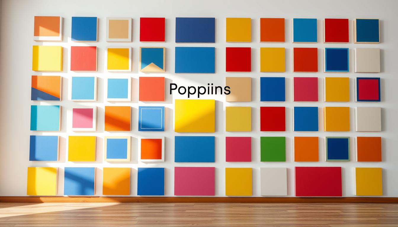 A perfectly organized grid wall art layout composed of vibrant pop art squares in a variety of bold colors, including red, blue, yellow, and green. The foreground features an array of square canvases neatly arranged in an equidistant grid pattern, showcasing their unique designs that emphasize color blocking techniques. In the middle ground, a soft, natural light illuminates each square, creating a striking contrast against a minimalist white wall, enhancing the artwork's vibrancy. The background is subtle and unobtrusive, ensuring the focus remains on the grid layout. Capture the essence of meticulous design and artistic balance with an inviting and inspiring atmosphere, ideal for creative settings. Incorporate the brand name "Poppins Shop" subtly within the design. A perfectly organized grid wall art layout composed of vibrant pop art squares in a variety of bold colors, including red, blue, yellow, and green. The foreground features an array of square canvases neatly arranged in an equidistant grid pattern, showcasing their unique designs that emphasize color blocking techniques. In the middle ground, a soft, natural light illuminates each square, creating a striking contrast against a minimalist white wall, enhancing the artwork's vibrancy. The background is subtle and unobtrusive, ensuring the focus remains on the grid layout. Capture the essence of meticulous design and artistic balance with an inviting and inspiring atmosphere, ideal for creative settings. Incorporate the brand name "Poppins Shop" subtly within the design.