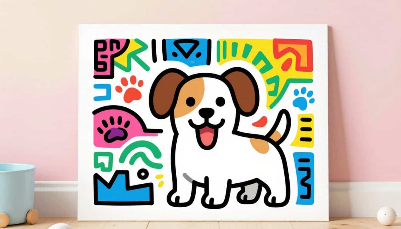 A playful illustration of a barking dog designed in the vibrant style of Keith Haring, suitable for nursery art. In the foreground, depict a stylized, cartoonish dog with exaggerated features, full of energy and joy, framed by bold lines and bright colors typical of Haring&rsquo;s art. In the middle ground, integrate whimsical patterns and shapes reminiscent of Haring&rsquo;s iconic motifs, surrounding the dog with colorful paw prints and playful geometric forms. The background should be a soft, pastel-colored gradient that evokes a cheerful and inviting atmosphere, ideal for a baby room. Use natural lighting to emphasize the lively colors and keep the composition balanced. The overall mood is fun, vibrant, and uplifting, perfect for a toddler's space. Include the brand name "Poppins Shop" subtly integrated into the design elements.