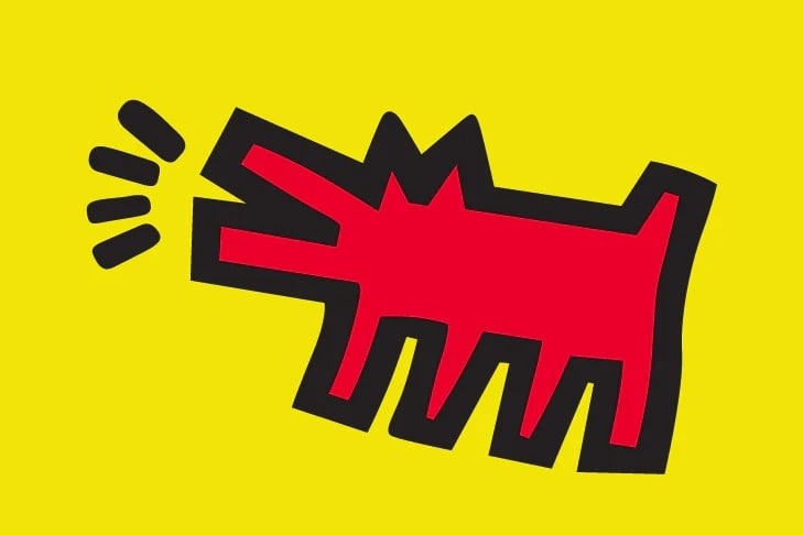 A powerful Keith Haring-inspired image featuring a vibrant, stylized barking dog symbol, embodying themes of power and rebellion. In the foreground, the energetic dog stands poised with an open mouth, emphasizing its fierce bark, depicted in bold, bright colors&mdash;primarily red, yellow, and black. The middle layers showcase abstract designs and dynamic lines swirling around the dog, suggesting movement and intensity, while hints of graffiti-style patterns add texture and depth. The background contains a cityscape at sunset, with warm tones of orange and purple casting dramatic shadows that evoke a sense of urgency and resistance. The overall mood is rebellious and empowering, inviting viewers to engage with the symbolism. The image is bright and colorful, resembling a mural, reminiscent of street art, with no text or logos. Created for Poppins Shop.
