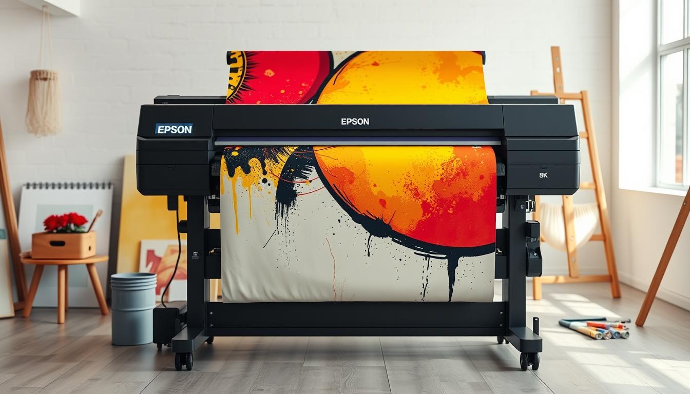 A professional Epson P9530 large-format printer in a bright artist atelier, printing a vivid and sharp Pop Art canvas with bold yellow and red tones, 8k resolution, realistic textures. A professional Epson P9530 large-format printer in a bright artist atelier, printing a vivid and sharp Pop Art canvas with bold yellow and red tones, 8k resolution, realistic textures.