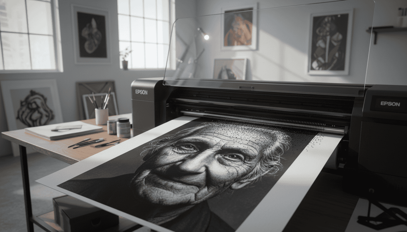 A professional Epson P9530 large format printer in a bright, modern art studio, printing a high-contrast black and white fine art portrait on a heavy-textured white Italian cotton canvas, archival ink droplets captured in hyper-detail, 8k resolution, cinematic lighting.