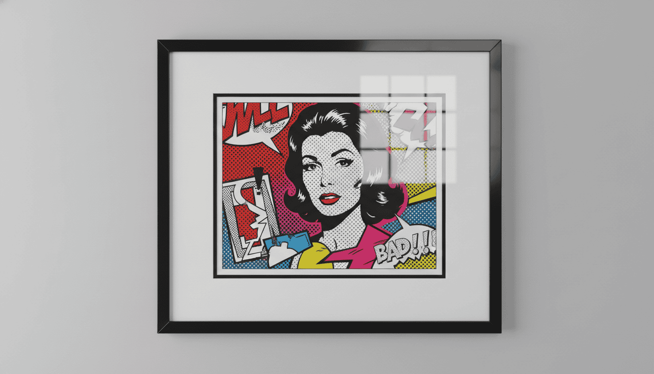 A professional studio photograph of a colorful pop art print housed in a premium black glazed picture frame with a thick white acid-free matboard, showing the depth of the beveled edge and the subtle reflection of a museum-grade acrylic glaze under soft gallery lighting.