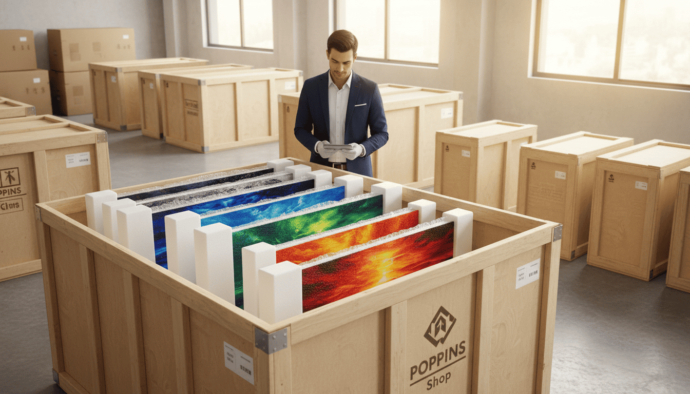 A serene art shipping scene capturing the essence of safe art delivery from Asia, featuring carefully packaged artworks from Poppins Shop. In the foreground, a sturdy wooden crate is open, revealing colorful paintings wrapped in protective materials like bubble wrap and foam. In the middle, a professional courier dressed in smart casual attire carefully inspects the contents, ensuring safety and quality. The background shows a softly lit Saigon street, with lush greenery and vibrant city life, creating a warm and inviting atmosphere. The image is bathed in natural light, enhancing the rich colors of the artwork. The angle is slightly overhead, emphasizing the meticulous care in handling the art. This scene conveys the reliability and joy of receiving art safely from Asia.