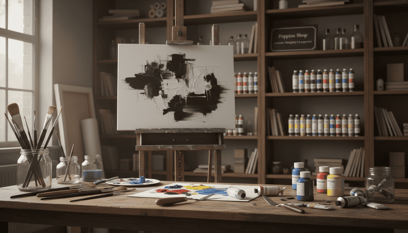 A serene workspace showcasing high-quality archival art materials, centered around Italian cotton canvas, known for its durability and premium texture. In the foreground, a selection of brushes, palette knives, and vibrant oil paints are artistically arranged, conveying a sense of creativity and craftsmanship. The middle ground features a stretched canvas on a wooden easel, with its fine texture highlighted by diffused natural light coming from a nearby window. In the background, shelves filled with art supplies and neatly organized tubes of paint suggest a professional environment. The atmosphere is warm and inviting, emphasizing the importance of quality in creating high-contrast art. The image should reflect the brand "Poppins Shop," capturing a mood of artistic integrity and longevity. The composition should be softly lit, enhancing the colors and textures without harsh shadows.