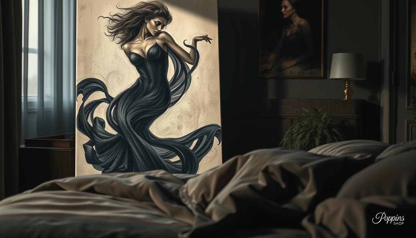 A sophisticated art print inspired by the sensual oil paintings of Roberto Ferri, featuring rich textures and deep contrasts. In the foreground, showcase an elegant, softly illuminated canvas displaying a detailed close-up of a swirling, ethereal figure intertwined with shadows, demonstrating depth through layered brushstrokes. The middle ground includes plush, dark fabrics that enhance the painting's allure, inviting viewers to explore its intricacies. In the background, a dimly lit, moody bedroom setting with soft, ambient lighting casts gentle reflections on the textures, creating a serene atmosphere. Use a shallow depth of field to focus on the artwork, emphasizing its captivating details. This image is curated for "Poppins Shop," inviting viewers into a world of fine art appreciation.