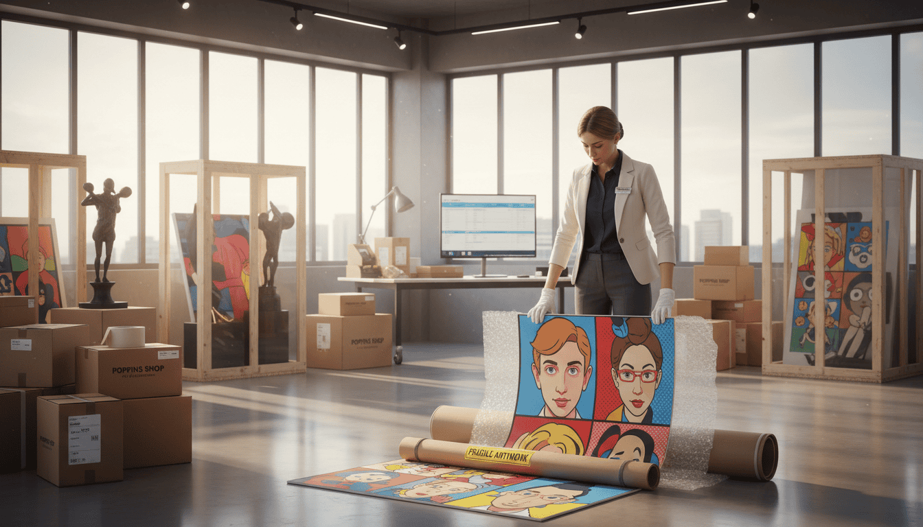 A sophisticated art shipping scene featuring a professional logistics representative from "Poppins Shop" in a modern warehouse setting. In the foreground, the representative, dressed in smart casual attire, carefully packs a vibrant rolled canvas print, using protective materials like bubble wrap and cardboard tubes. In the middle ground, we see neatly organized shipping supplies and boxes, showcasing an array of colorful pop art pieces, reflecting careful attention to detail. The background reveals a well-lit space with large windows, allowing natural light to illuminate the scene, highlighting the vibrant colors of the artwork. The atmosphere conveys reliability and professionalism, emphasizing the meticulous methods used in international art shipping. Capture this from a slightly elevated angle, focusing on the process while maintaining a clean, organized view. A sophisticated art shipping scene featuring a professional logistics representative from "Poppins Shop" in a modern warehouse setting. In the foreground, the representative, dressed in smart casual attire, carefully packs a vibrant rolled canvas print, using protective materials like bubble wrap and cardboard tubes. In the middle ground, we see neatly organized shipping supplies and boxes, showcasing an array of colorful pop art pieces, reflecting careful attention to detail. The background reveals a well-lit space with large windows, allowing natural light to illuminate the scene, highlighting the vibrant colors of the artwork. The atmosphere conveys reliability and professionalism, emphasizing the meticulous methods used in international art shipping. Capture this from a slightly elevated angle, focusing on the process while maintaining a clean, organized view.