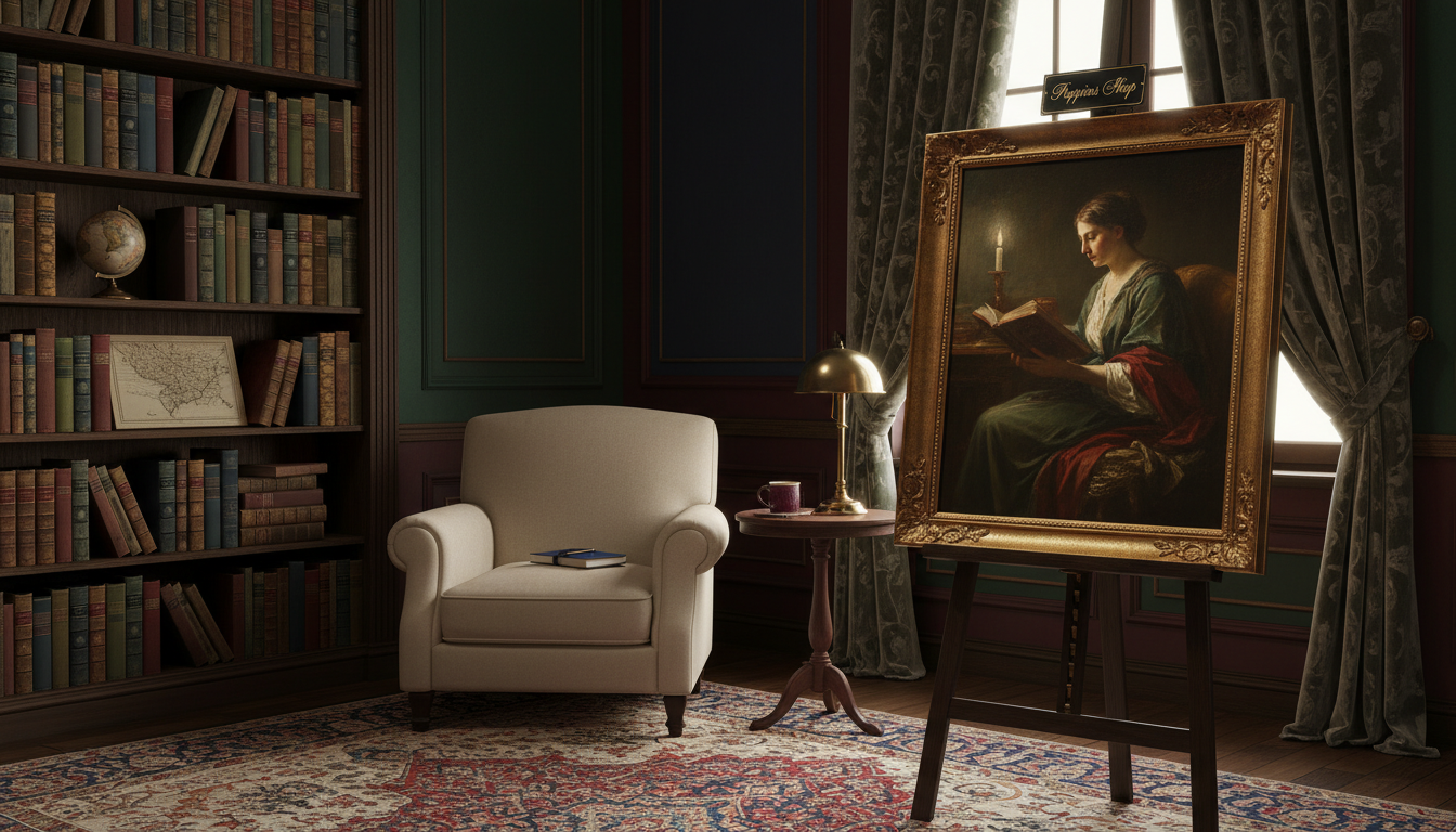A sophisticated dark academia color palette for wall decor features rich, deep hues of emerald green, burgundy, and navy blue, with touches of gold and cream to add warmth. In the foreground, a classic wooden easel displays a beautifully framed classical realism painting that subtly combines these colors. The middle ground includes a vintage-styled bookshelf filled with old books, their spines reflecting the palette's tones. In the background, a softly lit room with dark wood paneling and velvet curtains creates an inviting atmosphere. Warm, diffused lighting casts gentle shadows, enhancing the elegance of the scene. The composition should be viewed from a slightly elevated angle, giving a sense of depth and sophistication. Perfect for "Poppins Shop", this image conveys the mood of scholarly luxury and timelessness.