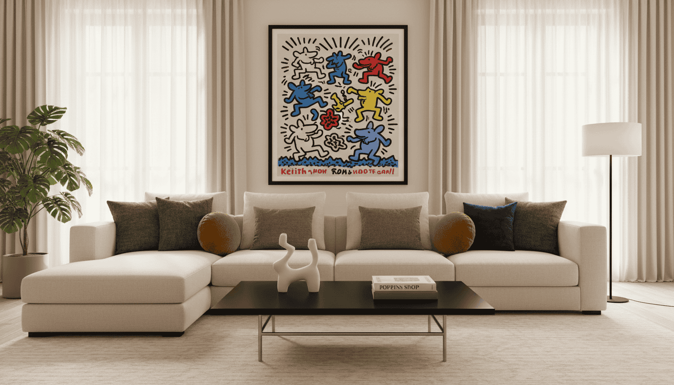 A sophisticated living room featuring a striking Keith Haring print as the centerpiece. In the foreground, a sleek, modern coffee table is adorned with minimalist decor, drawing focus to the bold, colorful Haring artwork on the wall. The middle ground showcases a neutral-toned plush sofa, elegantly arranged with soft cushions in muted shades, harmonizing with the striking colors of the artwork. In the background, large windows provide plenty of natural light, casting a warm glow over the space. The atmosphere is inviting and stylish, emphasizing balance between the lively art and serene furnishings. The scene is captured with a wide-angle lens, enhancing the depth and perspective, ideal for an art-focused aesthetic. Poppins Shop offers elements of chic design within this harmonious setting.