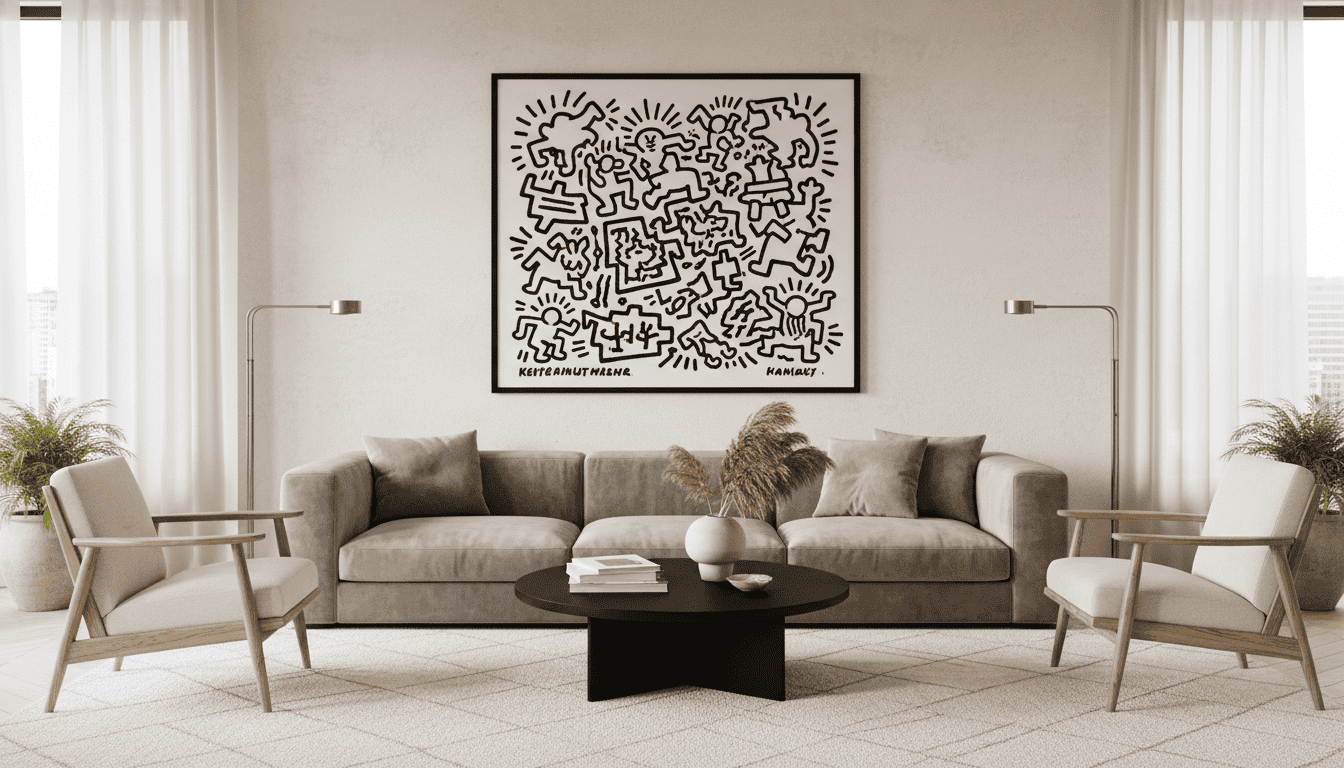A sophisticated modern living room with a large Keith Haring print featuring bold black lines on a white background, hanging above a sleek grey velvet sofa with neutral accents.