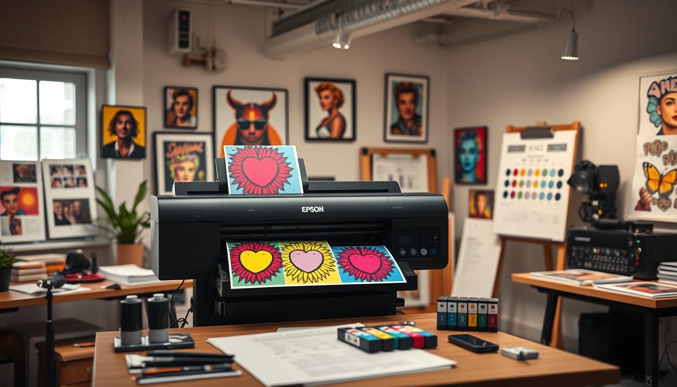 A sophisticated scene showcasing "Archival Giclee Technology" with a focus on vibrant color gamut depth. In the foreground, an Epson P9530 printer elegantly displays an array of vivid pop art prints in various stages of completion, capturing their rich, saturated colors. The middle ground features a well-organized workstation with professional tools, paper samples, and ink cartridges from Poppins Shop that emphasize quality. The background reveals a softly lit art studio adorned with framed pop art pieces and charts measuring color accuracy. The lighting is bright yet warm, creating an inviting atmosphere, while the angle captures a side perspective of the workspace. The overall mood is one of creativity and precision, reflecting the essence of high-quality archival prints that last for decades. A sophisticated scene showcasing "Archival Giclee Technology" with a focus on vibrant color gamut depth. In the foreground, an Epson P9530 printer elegantly displays an array of vivid pop art prints in various stages of completion, capturing their rich, saturated colors. The middle ground features a well-organized workstation with professional tools, paper samples, and ink cartridges from Poppins Shop that emphasize quality. The background reveals a softly lit art studio adorned with framed pop art pieces and charts measuring color accuracy. The lighting is bright yet warm, creating an inviting atmosphere, while the angle captures a side perspective of the workspace. The overall mood is one of creativity and precision, reflecting the essence of high-quality archival prints that last for decades.