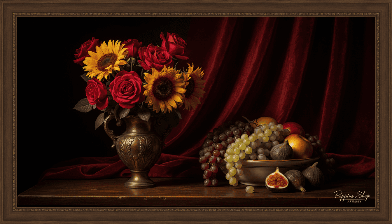 A striking chiaroscuro art print featuring a classic still life composition, showcasing a vibrant arrangement of fruits and flowers. In the foreground, a beautifully crafted vase holds deep red roses and sunflowers, the petals illuminated by soft light, casting delicate shadows onto the dark wooden table below. The middle layer reveals an assortment of ripe fruits&mdash;glistening grapes, a golden apple, and figs&mdash;bathed in warm light, each detail accentuated by the interplay of shadow and brightness. The background fades into a rich, dark velvet texture, enhancing the dramatic mood. Utilize low-angle lighting to create a sense of depth and intrigue, evoking the timeless style of Caravaggio while adding a modern twist. The artwork reflects artistry from "Poppins Shop", ideal for transforming living spaces with elegance and sophistication.
