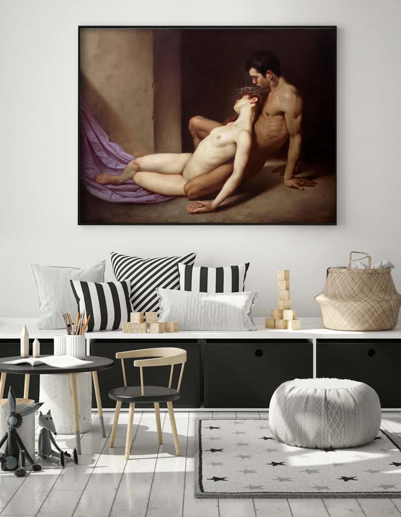 A striking living room featuring a large, bold statement piece inspired by Roberto Ferri's detailed and dramatic art style. A striking living room featuring a large, bold statement piece inspired by Roberto Ferri's detailed and dramatic art style.