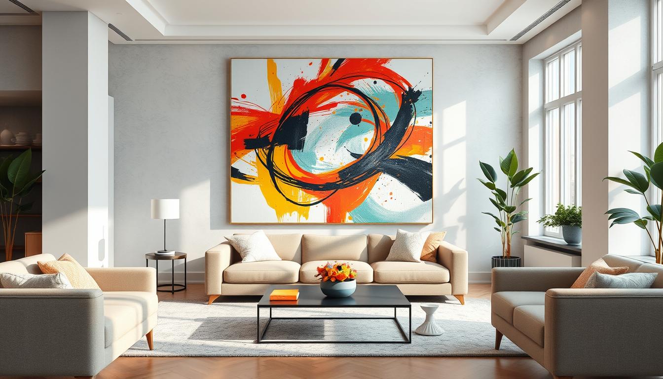 A stunning large painting as the focal point of a bright, modern living room. In the foreground, the painting features an abstract design in vivid colors, with bold brush strokes intertwining to create a sense of movement and energy. The middle ground showcases elegant furniture in neutral tones, framing the artwork and enhancing its visual impact. The background is adorned with subtle wall textures, softly lit by natural light filtering through large windows, casting gentle shadows. The atmosphere conveys a sense of tranquility and inspiration, making the painting a captivating centerpiece. The room is styled with tasteful decor and plants, showcasing the sophistication of "Poppins Shop" while not detracting from the painting's prominence. Capture this scene from a slightly elevated angle, emphasizing the painting's grandeur and the inviting ambiance of the space.
